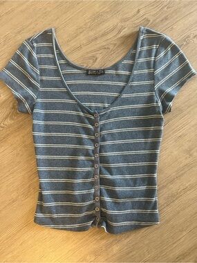 Cotton On Navy and White Striped Button-Front V-Neck Top
